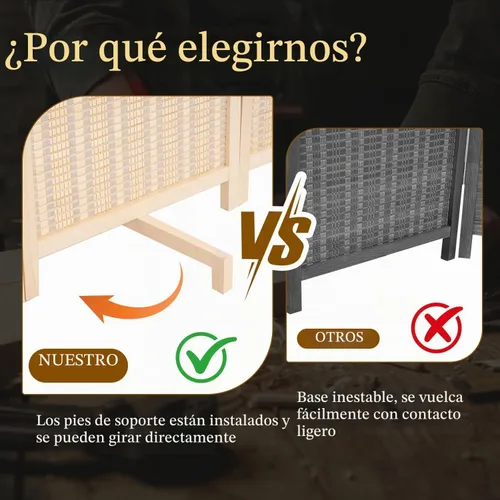 Vista 3 de Panel divisor de habitación de bambú con patas giratorias de 360°, 3 paneles de 47 pulgadas de alto, pantalla de privacidad plegable corta