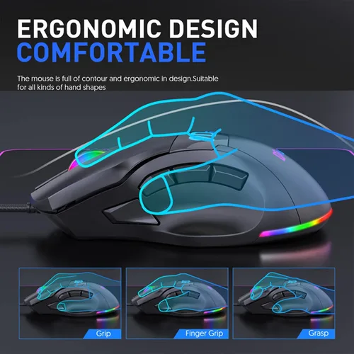 Vista 6 de VEGCOO Ratón para juegos con cable, mouse de clic silencioso con reposamuñecas, luz LED RGB de 6 niveles ajustables DPI programable
