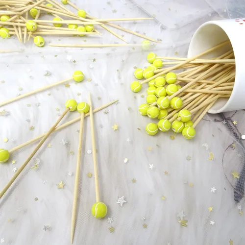 Vista 5 de Honbay 100 piezas decorativas de bola deportiva para cóctel, tenis, bambú, frutas, palillos de madera para cóctel, para aperitivos, recuerdos