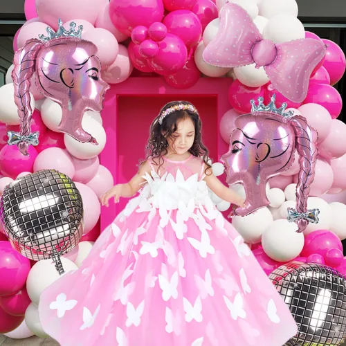 Vista 4 de 2 globos de papel de aluminio de princesa rosa, arco de cabeza de niña, globos de corona de muñeca para decoración de fiesta temática de princesa