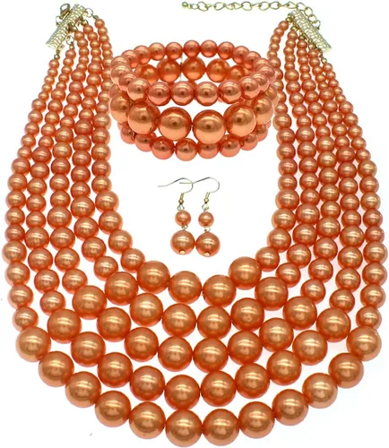 Vista 15 de JNF Collares grandes de perlas de imitación para mujer, collar de perlas de múltiples hebras, pulsera y aretes, collar de perlas para disfraz Negro