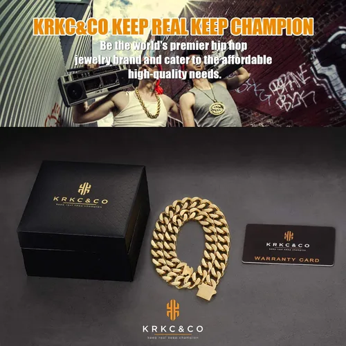 Vista 6 de KRKCCO - Cadena de eslabones cubanos para hombre de 810120551in cadena cubana Miami de oro de 18 quilates corte de 4 lados joyería hip hop collar