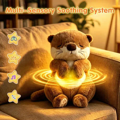 Vista 4 de LUKETURE Peluche de nutria respiratoria con movimiento rítmico, luz nocturna suave y ruido blanco, compañero de peluche calmante para relajación