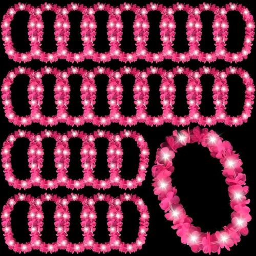 Vista 30 de Sherr 24 piezas de collares de flores hawaianas con luces LED para boda, luces LED para luau, collares de flores hawaianas para playa, carnaval