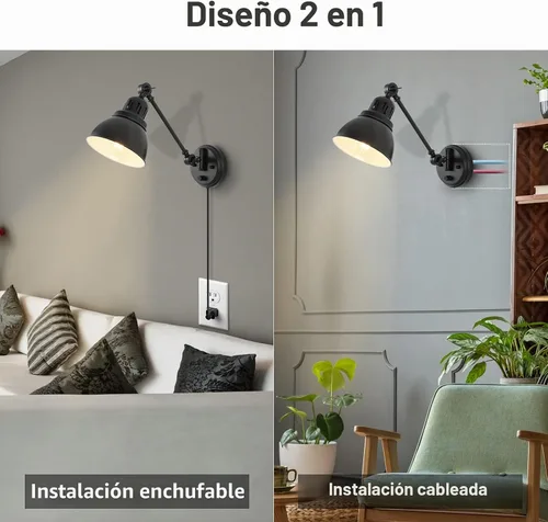 Vista 5 de GOODATE Apliques de pared enchufables, iluminación de pared con interruptor de encendido y apagado regulable, lámpara de pared con brazo oscilante