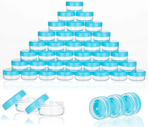 Vista 17 de Contenedores de cosméticos con tapas, tarros de loción de plástico, tarros para muestras, con tapa rosa, 0.2 oz, 25 unidades, Tarro de 3 gramos.