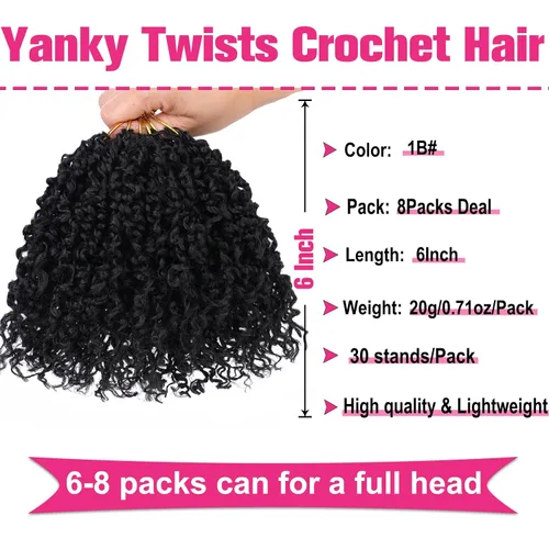 Vista 2 de Unionbeauty - Paquete de 8 trenzas de ganchillo Yanky Twist de 6 pulgadas, 8 paquetes, color negro natural, micro Passion Twist, extensiones