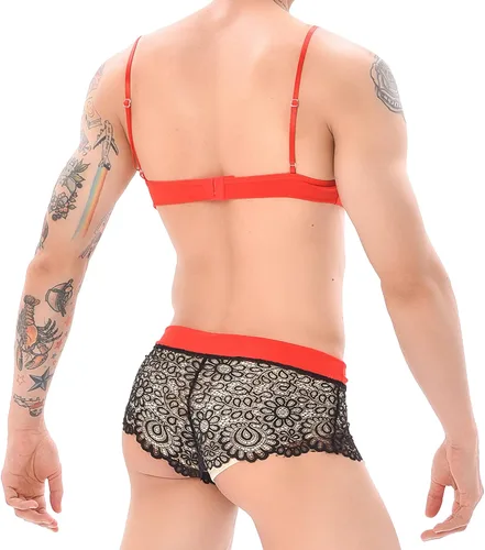 Vista 5 de QiaTi Lencería de encaje para hombre Sissy Crossdressing, ropa interior con brasier, ropa interior traslúcida, traje de bikini para dormir
