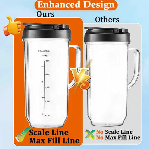Vista 2 de Vasos de repuesto para piezas de repuesto Magic Bullet de 22 onzas compatibles con Magic Bullet MB1001 MBR-0701AK de 250 W (marcas medidas), tapa