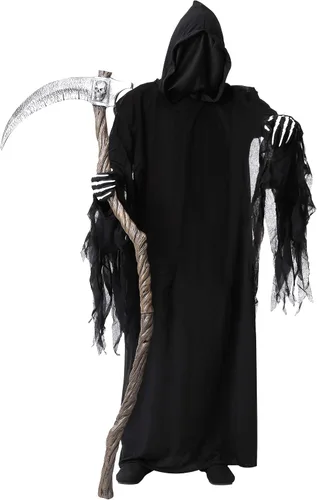 Vista 2 de Creepy Grim Reaper Costume, Standard Mesh-Reinforced Hooded Robe with Skeleton Hands for Adults