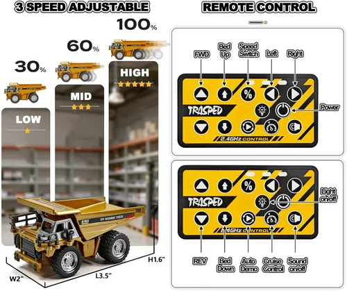 Vista 6 de Mini camión volquete RC 1:64, vehículo de construcción de aleación de metal con aplicación y control remoto doble, velocidad variable, luces LED