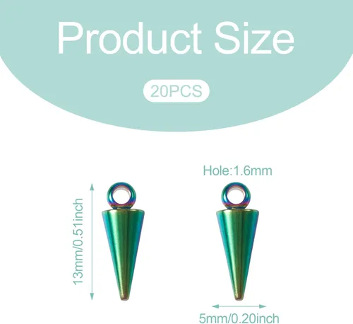 Vista 3 de 20 dijes de arco iris con forma de cono de acero inoxidable 304, cuentas de pico de bala, dijes góticos para mujeres y hombres, aretes de aro