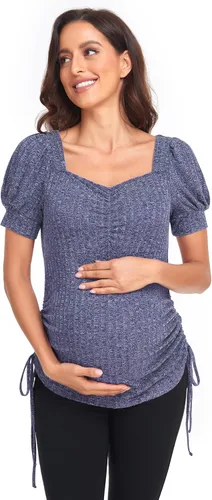 Vista 22 de Camisas de maternidad para mujer, cuello cuadrado, manga larga abombada, linda, casual, blusas, ropa de otoño Albaricoque