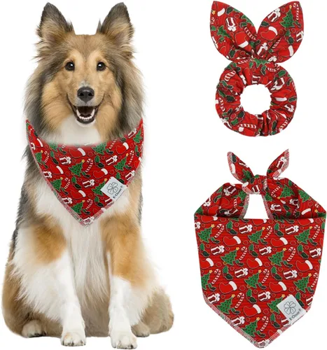 Vista 18 de E-Clover Bandana de Perro a Cuadros Marrón y Scrunchie a Juego - Bandana de Perro de Otoño Triangular a Cuadros Bufanda Babero para Mascotas