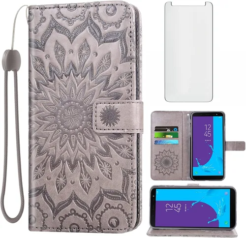 Vista 8 de Funda de teléfono para Samsung Galaxy A6 (2018) con protector de pantalla de vidrio templado y cubierta delgada de cuero, soporte para tarjetas