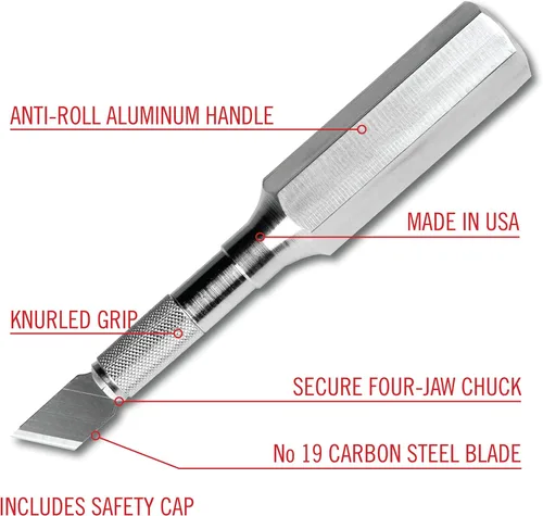 Vista 2 de Excel Blades K6 - Cuchillo de precisión resistente – Mango de metal hexagonal con hoja en ángulo #19 – Cuchillo artesanal de fácil cambio