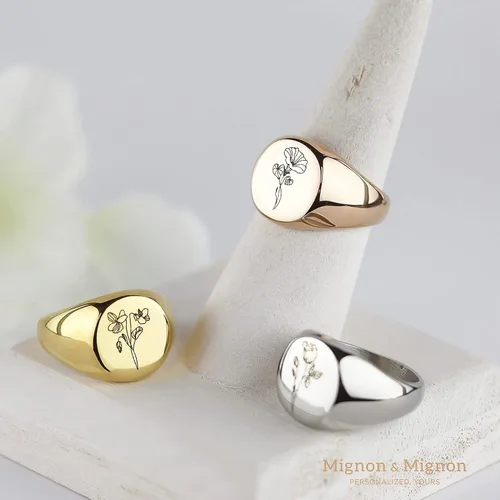 Vista 4 de MignonandMignon Anillo de sello, joyería de flores, regalo personalizado para su soplador de nacimiento floral, sello grabado personalizado Navidad