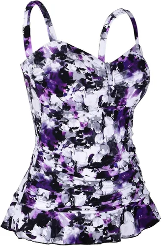 Vista 5 de Hilor - Parte superior del traje de baño tipo tankini retro de los años 50 diseño fruncido y con dobladillo con volantes para mujer