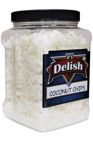 Vista 3 de Chips de coco gourmet totalmente naturales, crudos, endulzados por Its Delish, recipiente reutilizable jumbo de 18 onzas, sin gluten, chips de coco