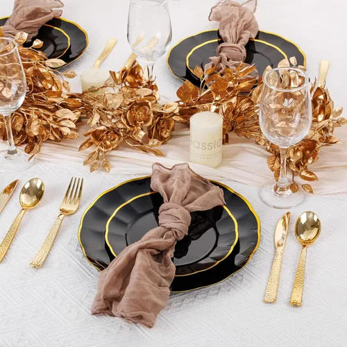 Vista 4 de supernal 60 piezas Platos de Cumpleaños Negros y Dorados Platos de Plástico para Fiestas y Platos Desechables Elegantes Platos Festoneados