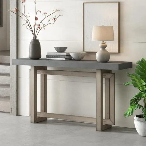 Vista 10 de Mesa de consola de madera de 152 cm con tapa de chapa de roble y patas curvadas delgadas de madera de goma, elegante mesa de sofá para sala
