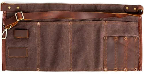 Vista 9 de Delantal de herramienta de lona encerada impermeable con cinturón ajustable de cuero genuino (Negro)