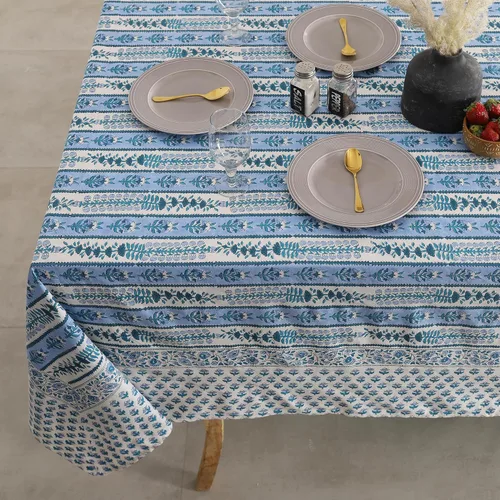 Vista 12 de Labhanshi Mantel rectangular de 6 plazas de algodón prelavado con estampado indio a mano, 60 x 90 pulgadas, diseño floral de algodón prelavado