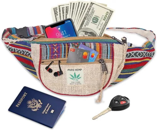 Vista 2 de Maha Bodhi - Riñonera para festivales de cáñamo estilo boho hippie cintura para correr riñonera diseño de rayas multicolor