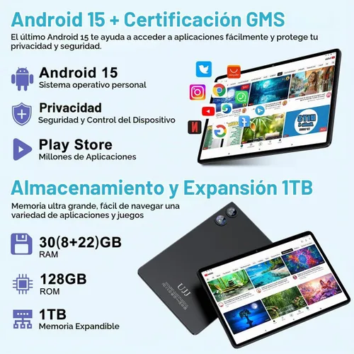 Vista 3 de Tableta de 10 pulgadas Android 15 con 30 GB de RAM 128 GB de ROM 1 TB de expansión, Tablets de 8000 mAh Octa-Core con teclado y ratón, pantalla HD