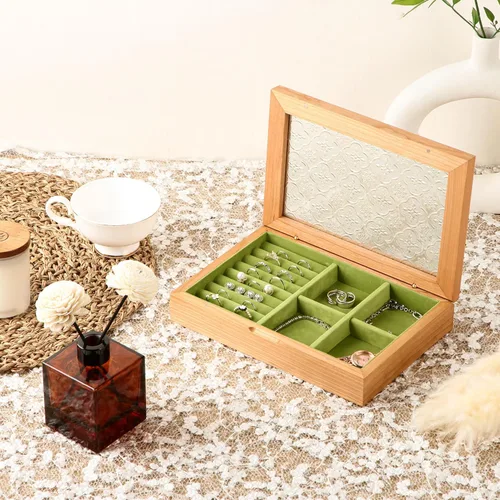 Vista 5 de EURIELK ek06-m-cherry - Joyero de madera de cerezo macizo natural para mujer, tamaño mediano, organizador de baratijas vintage con gran