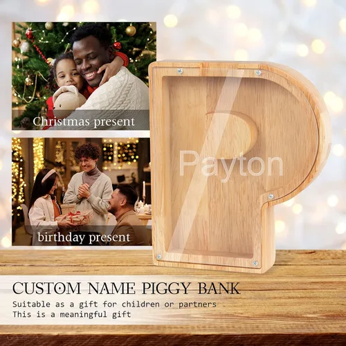 Vista 5 de Wooden Piggy Bank Personalized 26 English Alphabet Letter Coin Bank Custom Money Box Wooden Piggy Bank Gift for Kids Christmas Birthday Gift Home