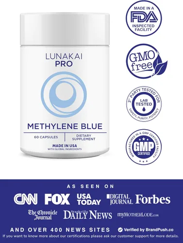 Vista 2 de Lunakai Cápsulas azul de metileno fabricadas en Estados Unidos de grado farmacéutico con vitamina C, B6, B12 – Suplemento diario de apoyo cerebral