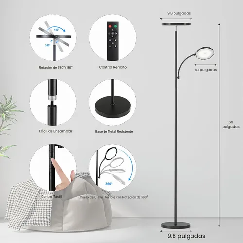 Vista 3 de SUNMORY Lámparas de pie para sala de estar, 48 W/4200 lm, lámpara de pie LED súper brillante con control remoto, lámpara de pie de 69 pulgadas