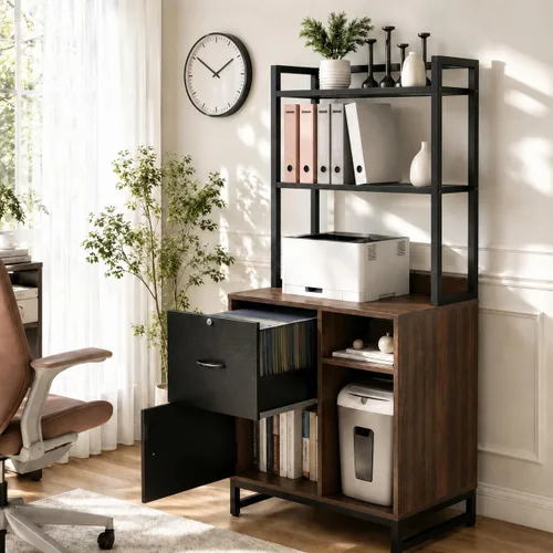 Vista 2 de Homieasy Archivador vertical con cerradura y estación de carga, archivador de madera con cajón grande con estantería, soporte de impresora