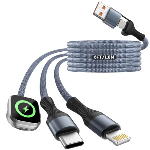 Vista 21 de Travel Essentials - Cable de carga múltiple 4 en 1 para cargador de reloj de iPhone, USB A a doble tipo C/IP/iWatch, cargadores de viaje