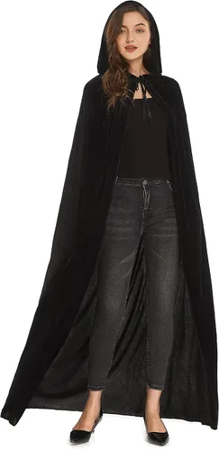 Vista 2 de Diffly Capa de terciopelo de 59 pulgadas con capucha unisex de Halloween para diablo bruja mago Halloween Navidad Cosplay