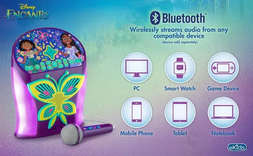 Vista 3 de eKids Disney Encanto - Máquina de karaoke con altavoz Bluetooth con micrófono para niños, con puerto USB para reproducir música, fácil acceso a
