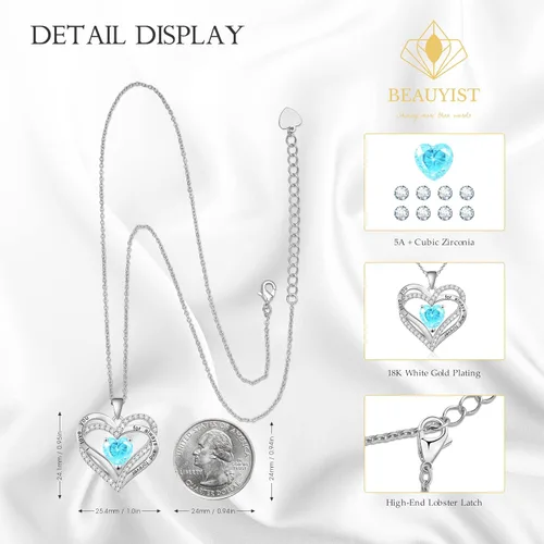 Vista 3 de Beauyist Birthstone Necklaces for Women & Girls, Love Heart Pendant Necklace Chains Jewelry Gifts, 5A Zirconia I Love You Necklace, Anniversary