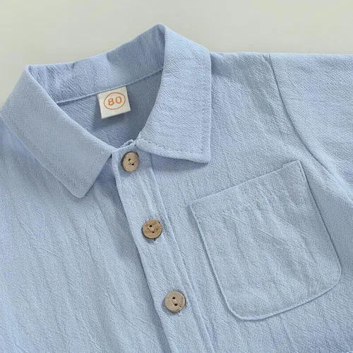 Vista 4 de DNOMAID YZARC Conjunto de 2 piezas de ropa de verano para bebé niño y niña, algodón sólido, lino, manga corta, con botones, pantalones cortos