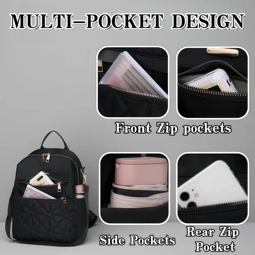 Vista 7 de Bolso tipo mochila para mujer, impermeable, Oxford, casual, bolso de mano de moda con múltiples bolsillos para el trabajo, viajes, uso diario (beige)