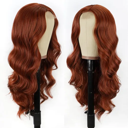 Vista 5 de Halcyon Peluca larga de color rojo cobre castaño rojizo para mujeres negras, peluca ondulada de aspecto natural, peluca sintética de aspecto Cobre