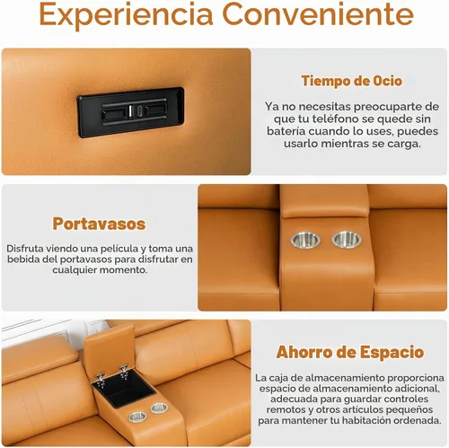 Vista 5 de Sofá reclinable eléctrico de dos plazas, sofá modular reclinable con reposacabezas ajustable y reclinable eléctrico, cuero transpirable con consola