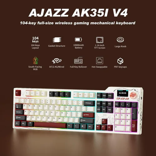 Vista 2 de Ajazz AK35I V4 Customizable Wireless Gaming Mechanical Keyboard, Wired/Wireless 2.4G/BT, Gasket Structure, 10000mAh Battery, Full-Color RGB
