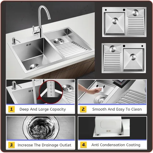 Vista 5 de Fregadero de lavandería de acero inoxidable con tabla de lavado integrada, bañera para lavar a mano con panel grueso, fregadero de lavandería