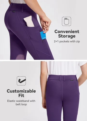 Vista 4 de BALEAF Pantalones de equitación para niñas, pantalones ecuestres para niños, con parche en la rodilla, bolsillo con cremallera, mallas para caballos