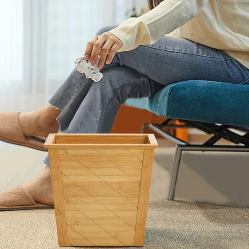 Vista 6 de Frcctre Cesta de basura de bambú, rectangular, compacta, papelera de basura con asas integradas, contenedor marrón para dormitorio, oficina, sala