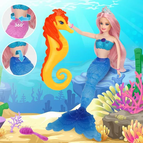 Vista 4 de BETTINA Muñeca mágica de sirena que cambia de color, juguete de princesa sirena con caballito de mar y accesorios para muñecas, cabello rosa
