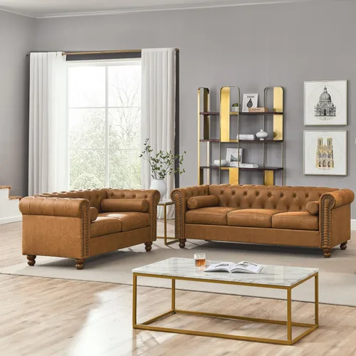 Vista 3 de Sofá de dos plazas de cuero aireado capitonado, sofá de brazo enrollado con adornos de cabeza de clavo y 2 almohadas de cuello enrollado, decoración