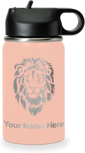 Vista 44 de LaserGram Botella de agua personalizada, cabeza de león, acero inoxidable de doble pared aislada al vacío con popote superior, regalo grabado