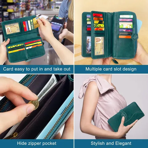 Vista 3 de CONISY Cartera RFID para mujer, de gran capacidad, cartera larga de cuero para tarjetas de crédito con correa de muñeca